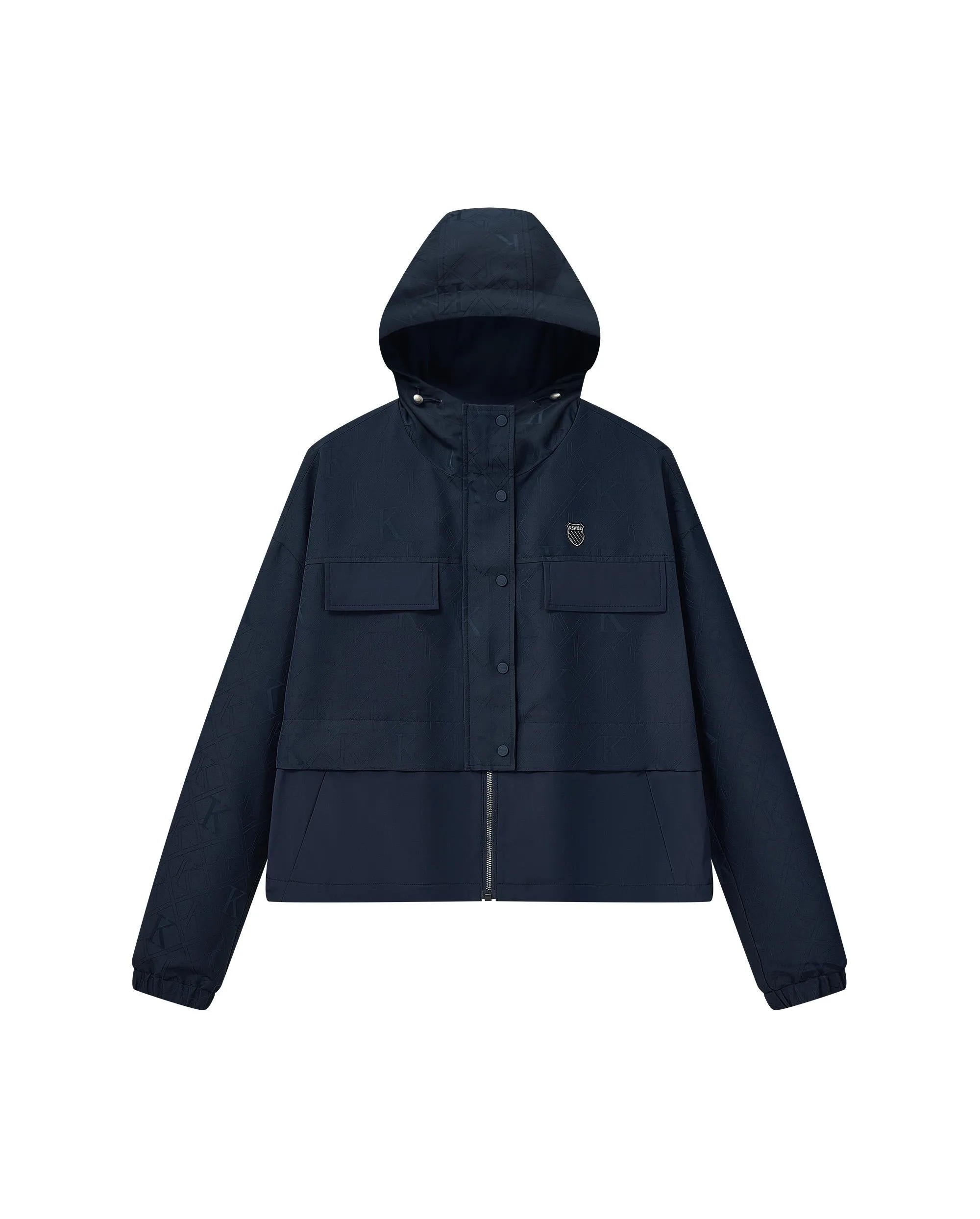 197878-481 | WOMEN'S ALL-OVER LOGO LAYERED HOODED JACKET | OMBRE BLUE/ASST