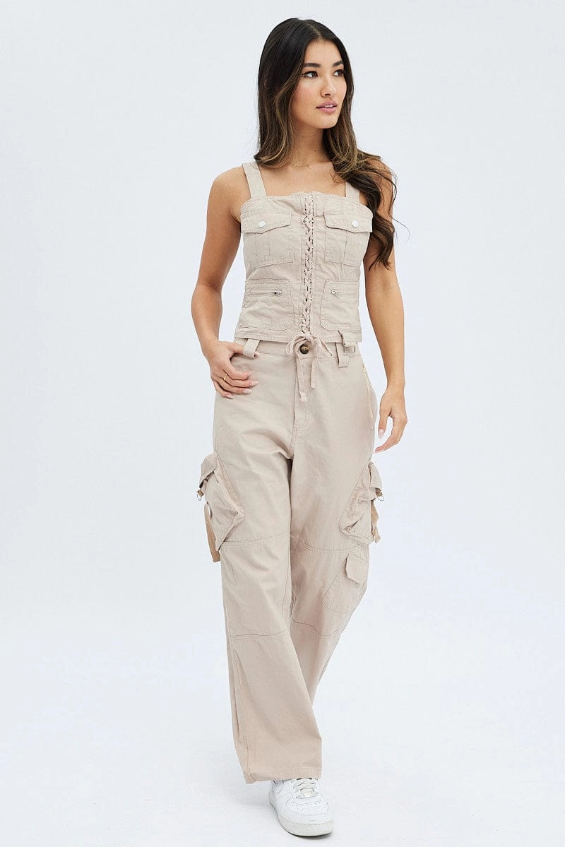 Beige Cargo Pants Low Rise