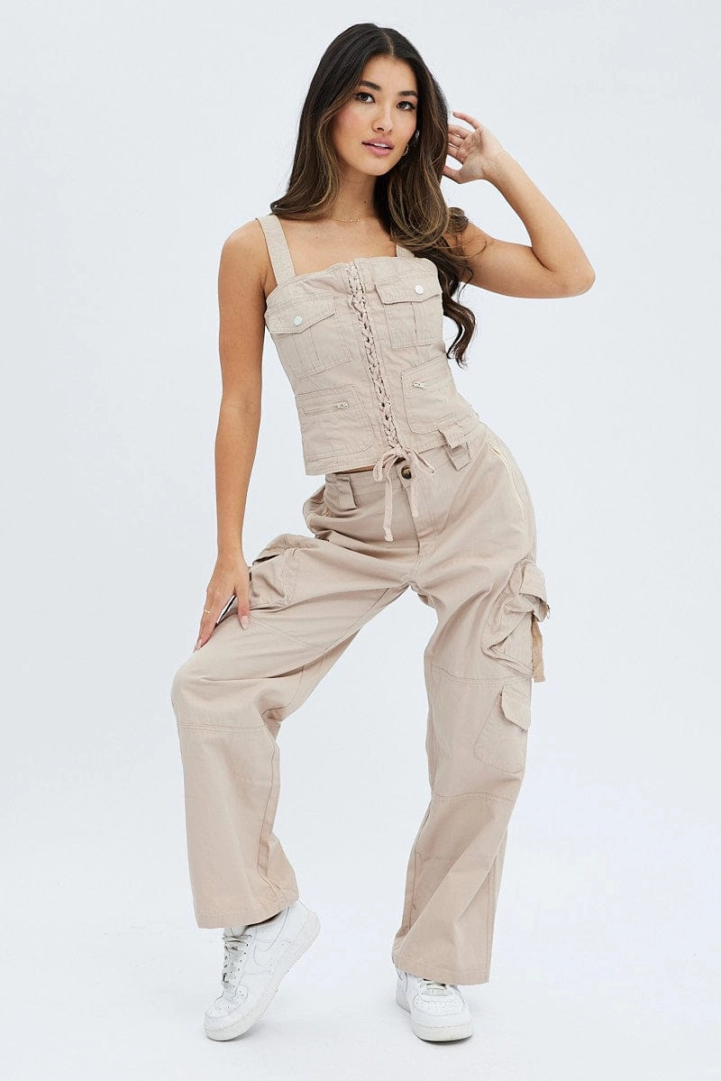 Beige Cargo Pants Low Rise