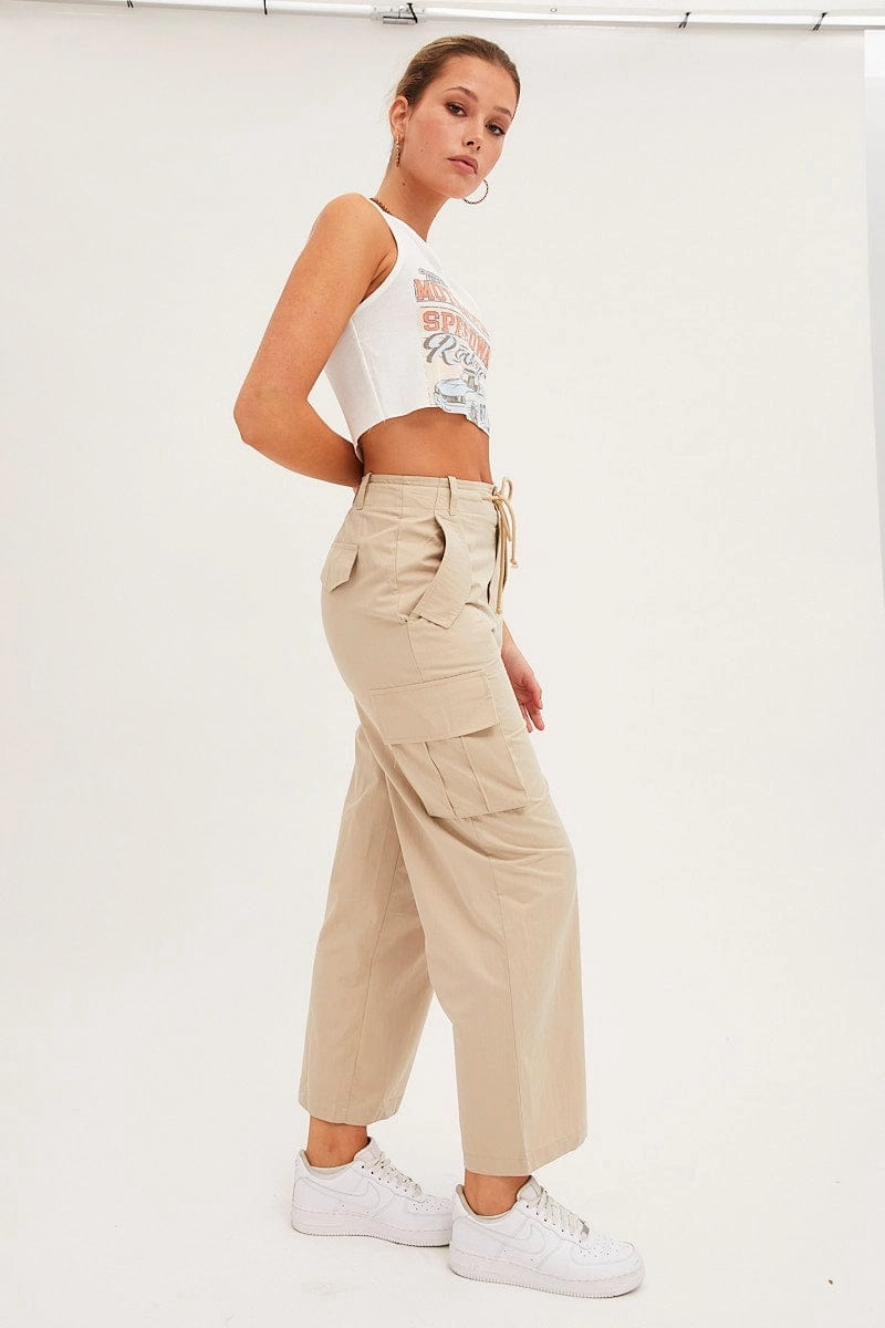 Beige Cargo Pants Relaxed Wide Leg