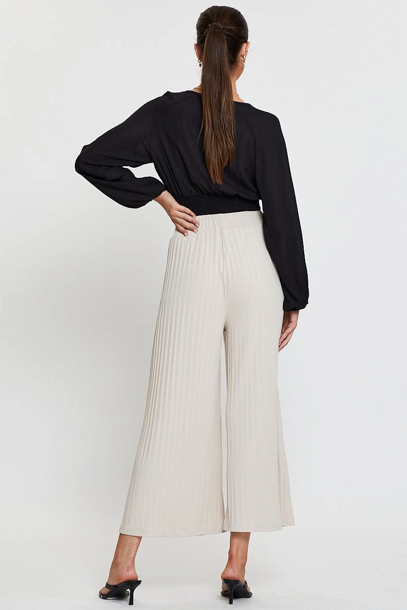 Beige Ribbed Pants High Rise Wide Leg