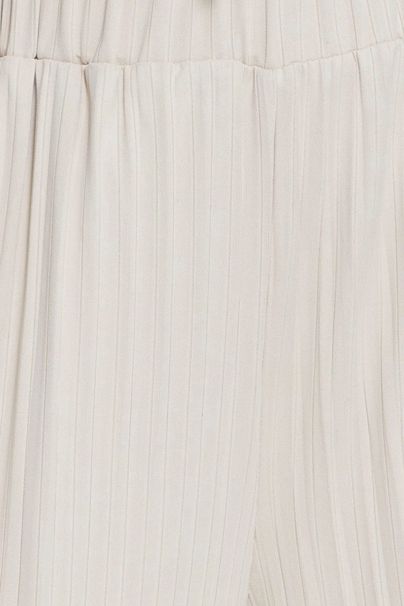Beige Ribbed Pants High Rise Wide Leg