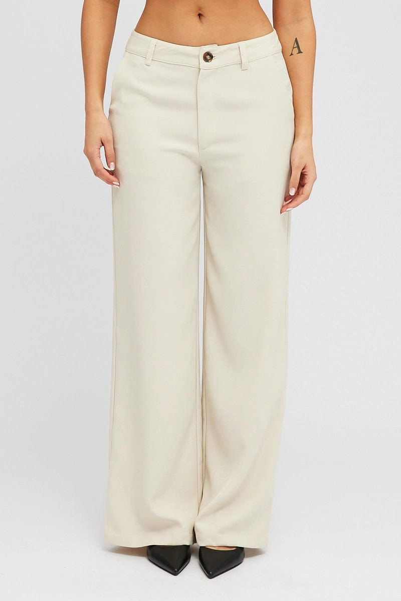 Beige Wide Leg Pants High Rise