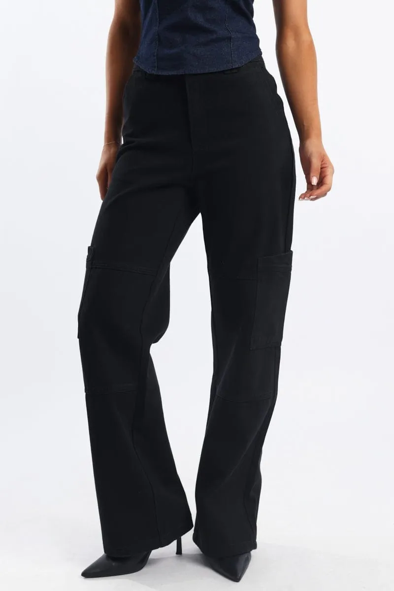 Black Cargo Denim Jeans Mid Rise