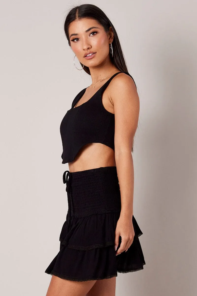 Black Skater Skirt Smocking Waist Mini