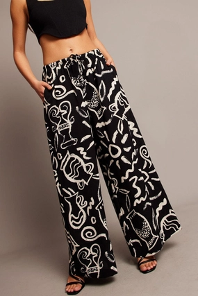 Black Abstract Wide Leg Pants High Rise
