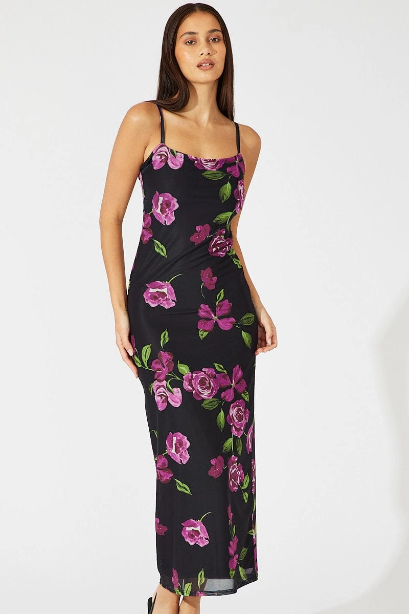 Black Floral Bodycon Maxi Dress Mesh