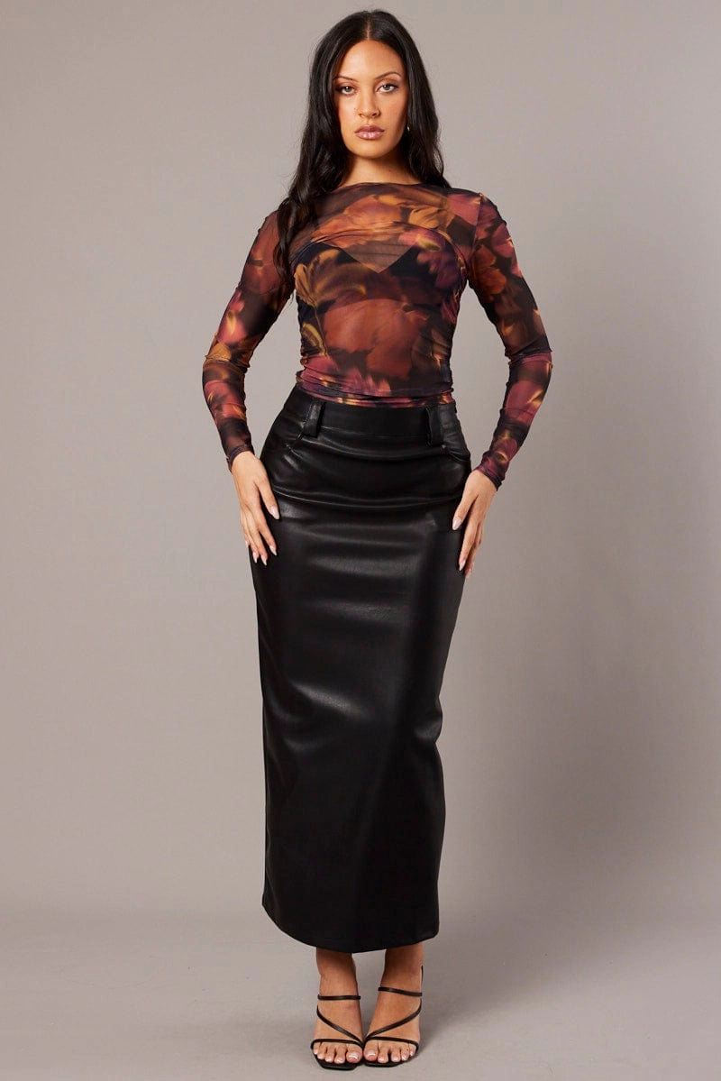 Black Midi Skirt Faux Leather