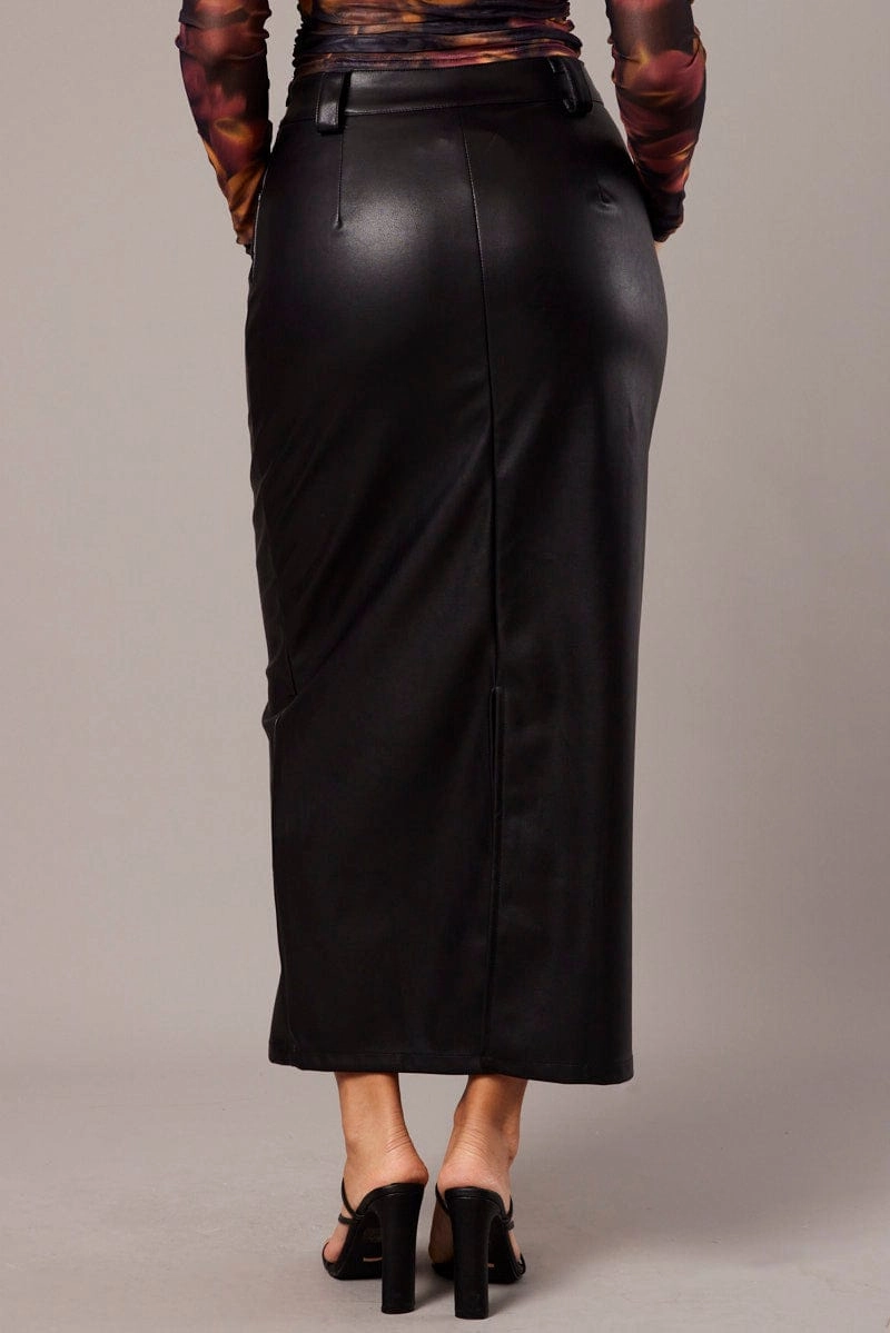 Black Midi Skirt Faux Leather