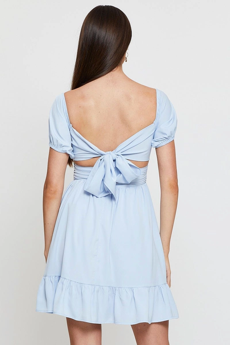 Blue Fit And Flare Dress Short Sleeve Square Neck