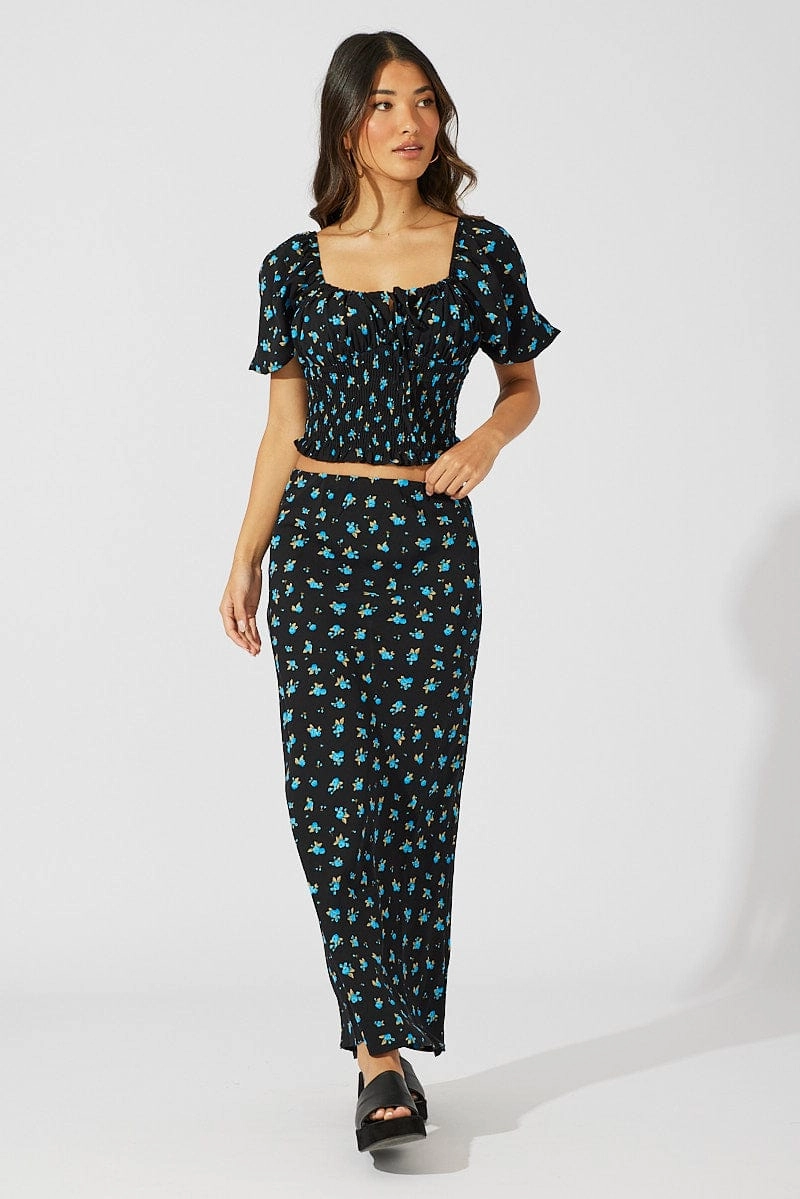 Blue Floral Slip Skirt Maxi