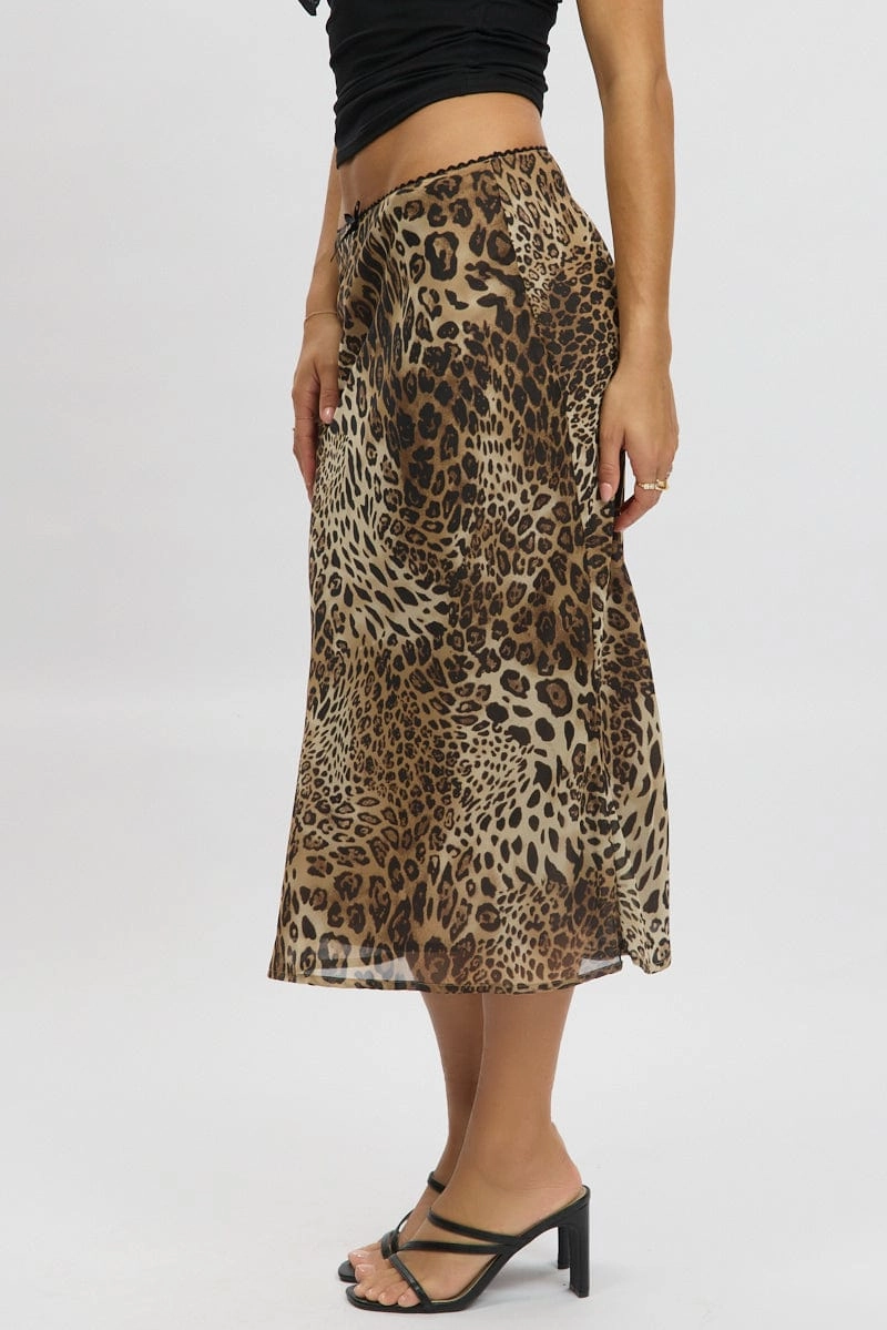 Brown Animal Print Slip Skirt High Rise Midi Picot Trim