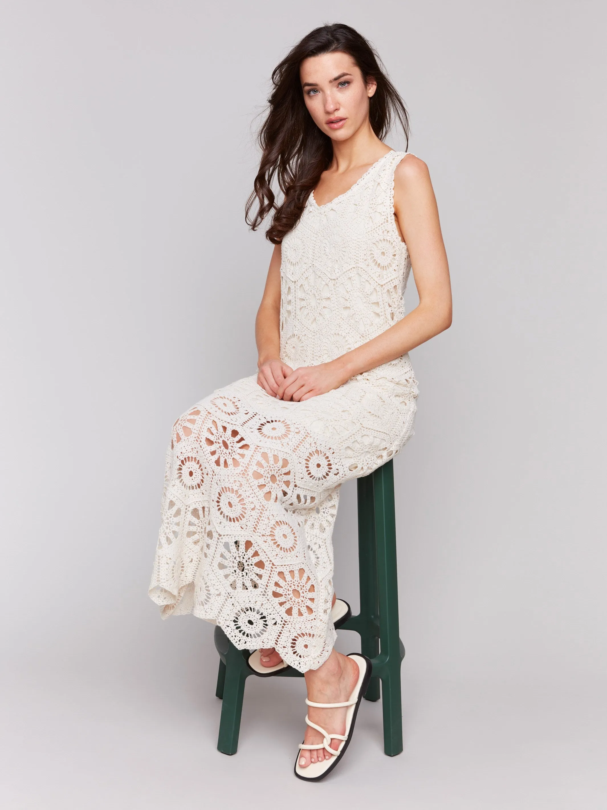 Cotton Crochet Sleeveless Maxi Dress - Natural