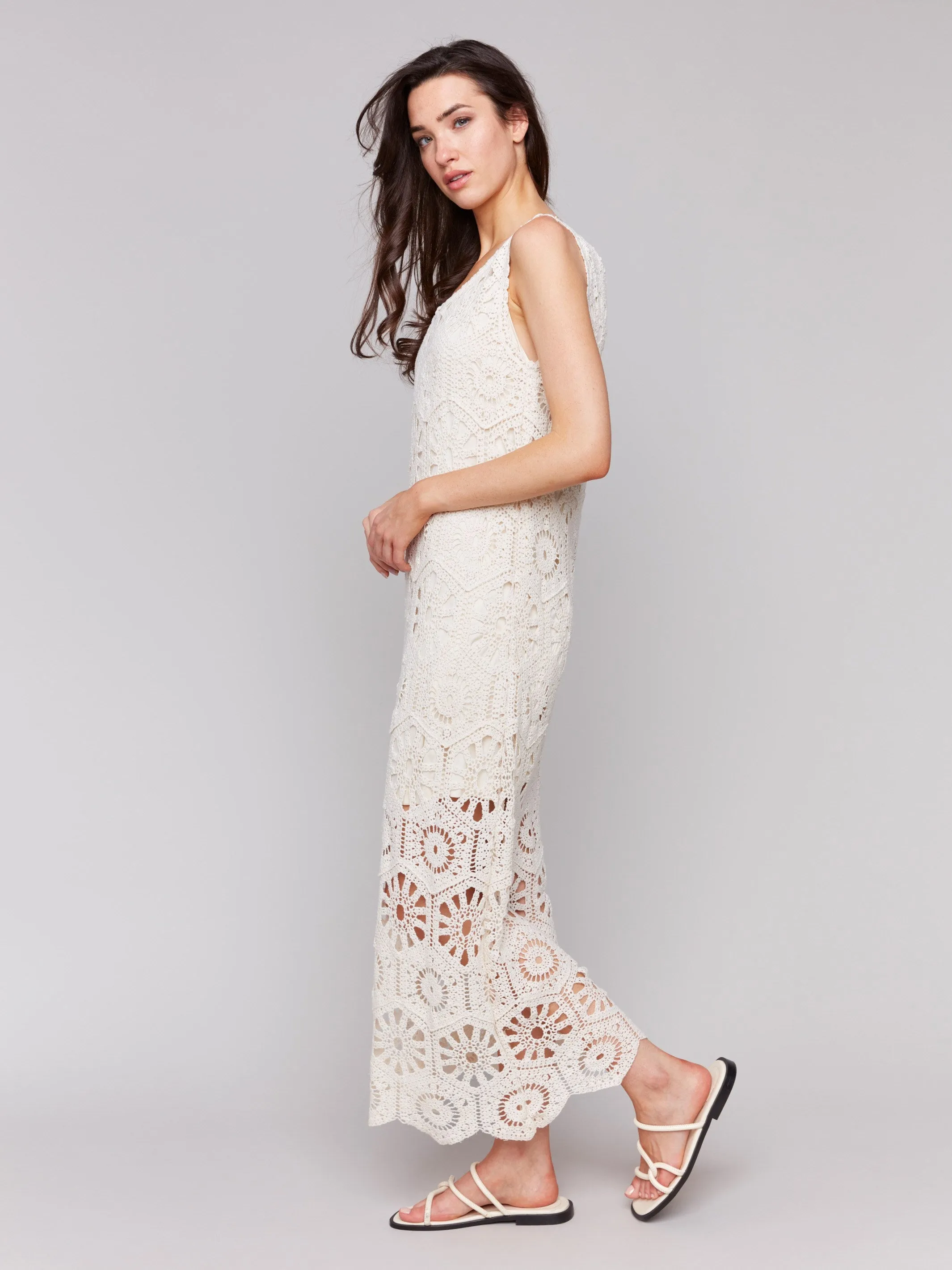 Cotton Crochet Sleeveless Maxi Dress - Natural