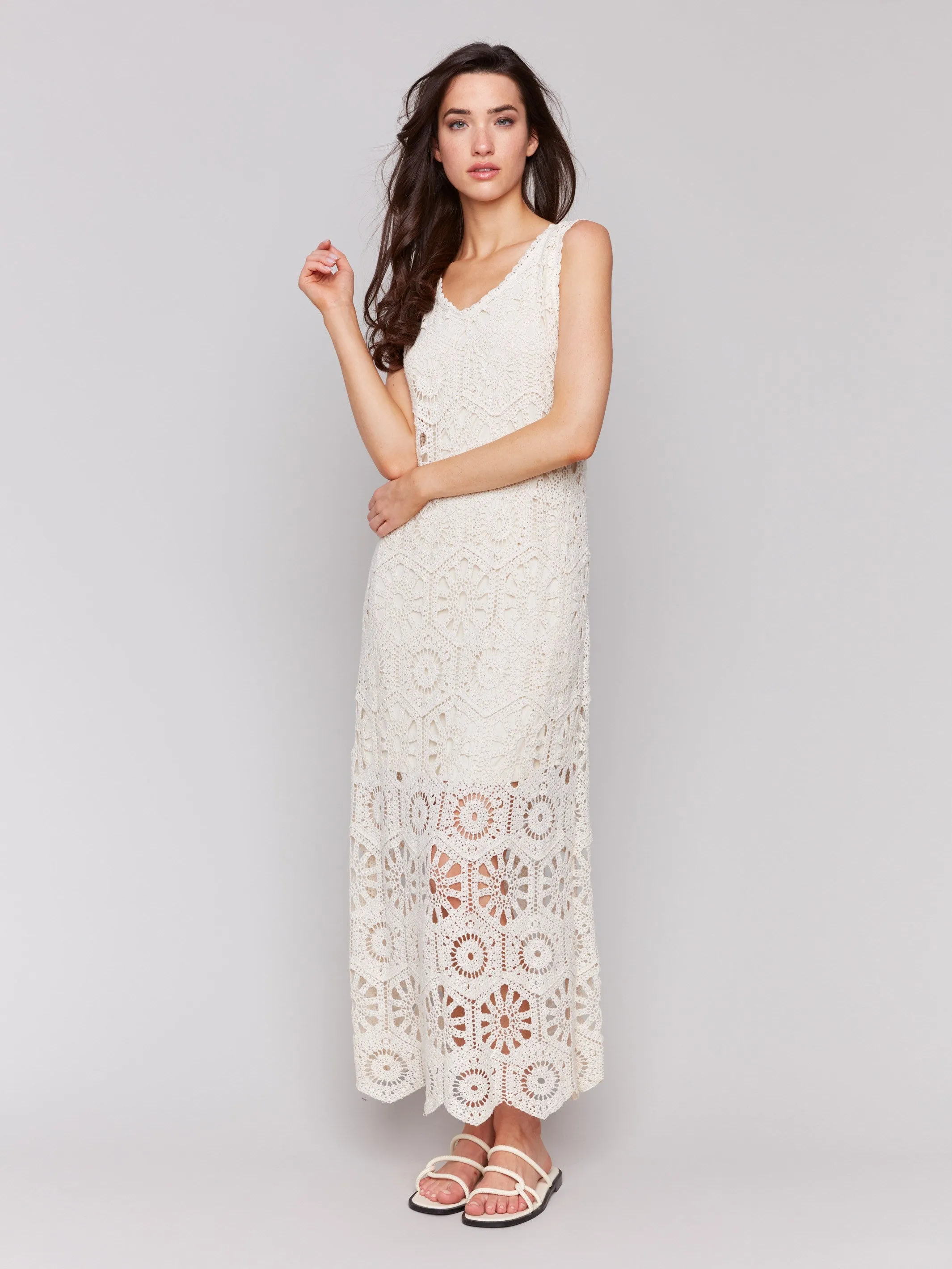 Cotton Crochet Sleeveless Maxi Dress - Natural