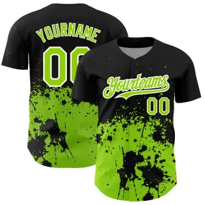 Custom Black Neon Green-White 3D Pattern Design Abstract Splash Grunge Art Authentic Baseball Jersey