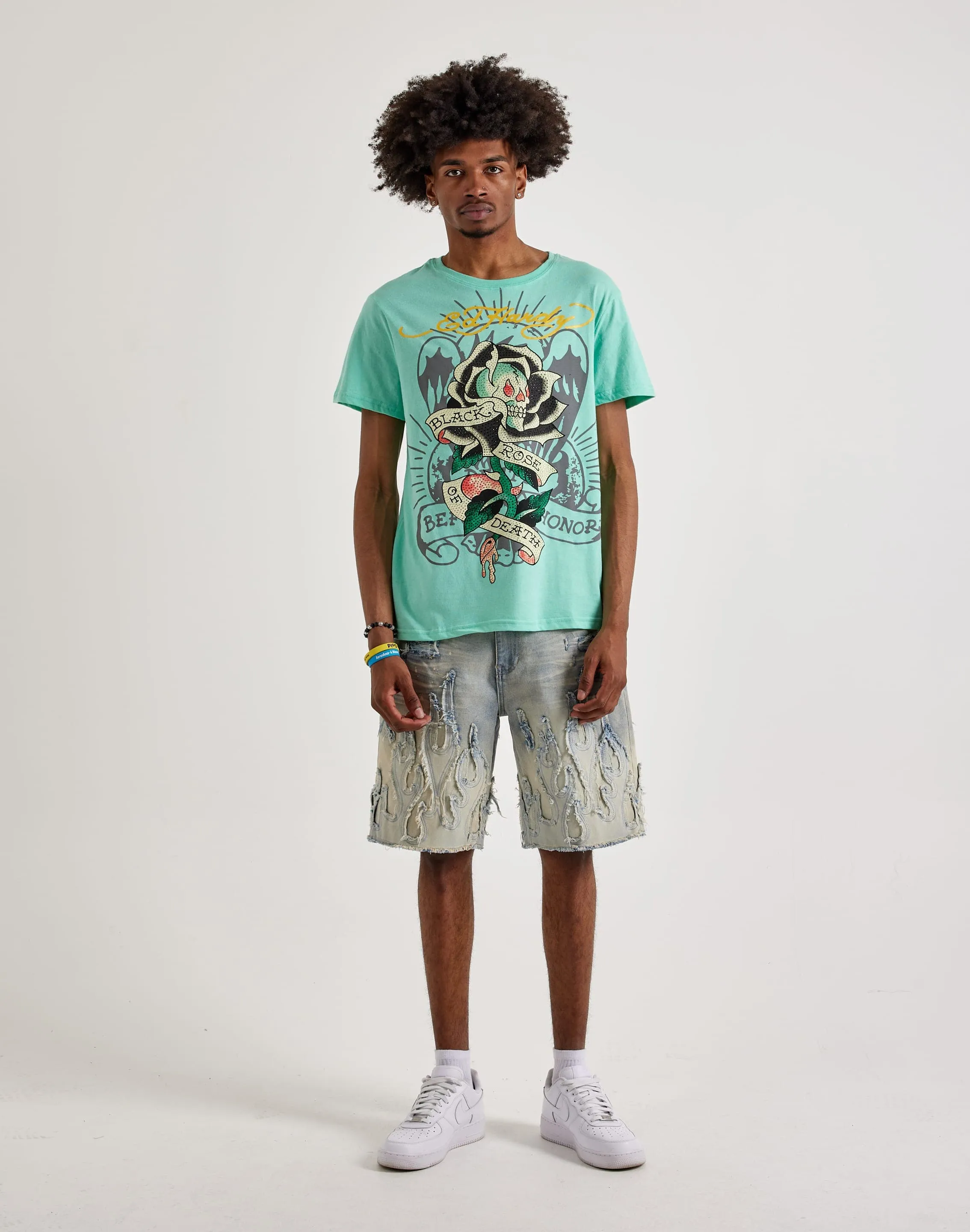 Ed Hardy  Black Rose Rhinestone Short Sleeve Tee