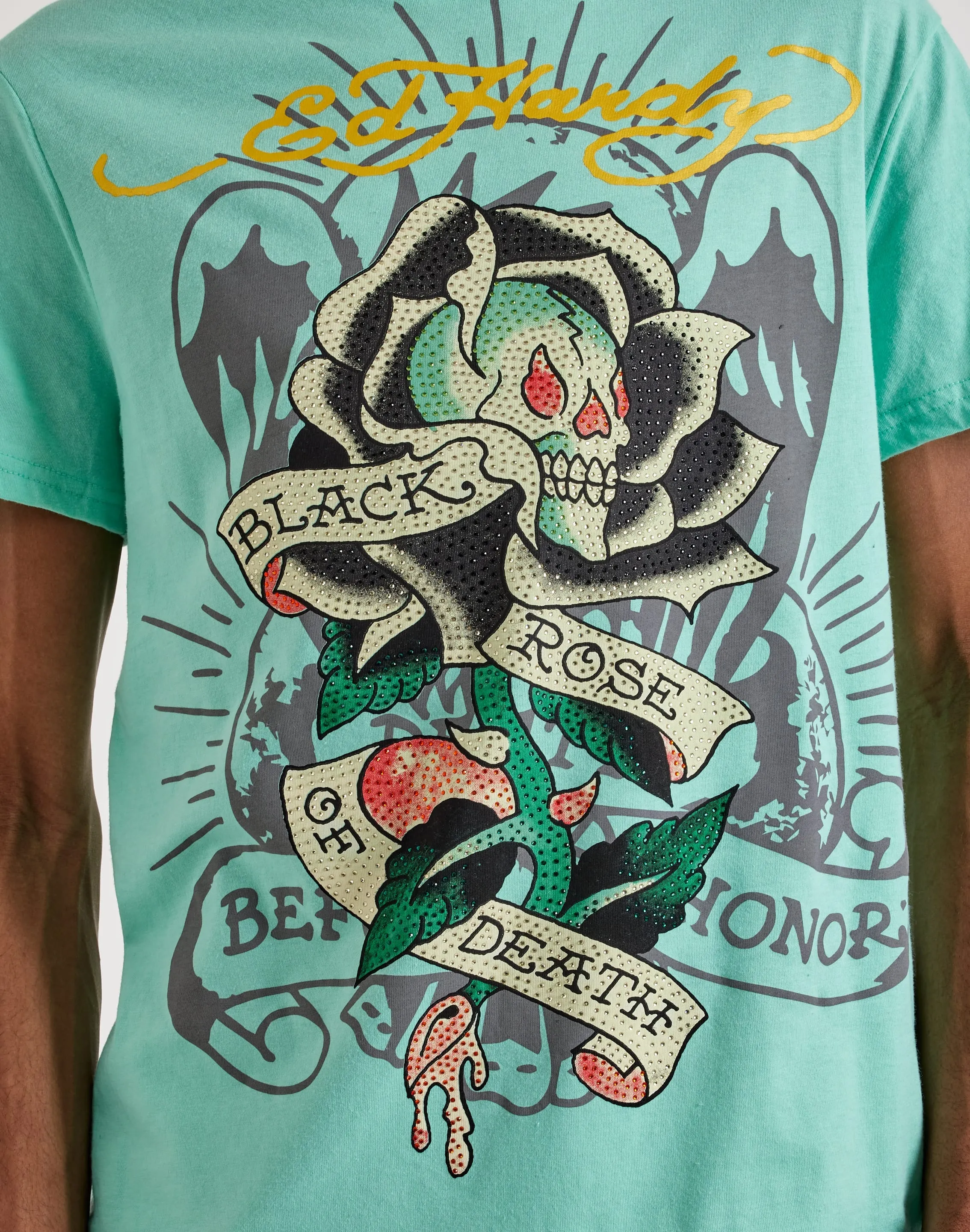 Ed Hardy  Black Rose Rhinestone Short Sleeve Tee