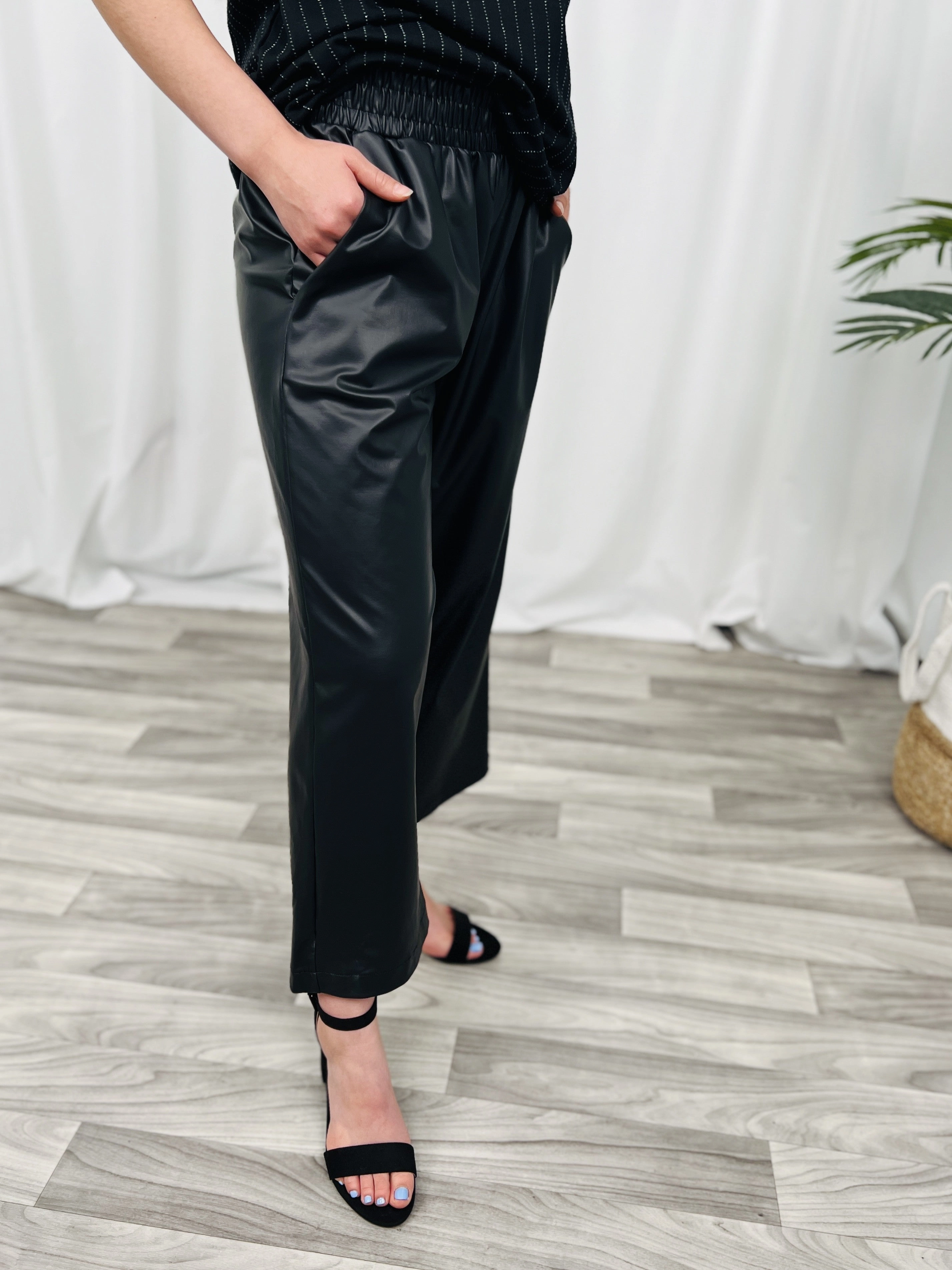 Faux Leather Capri Pants with Elastic Waist