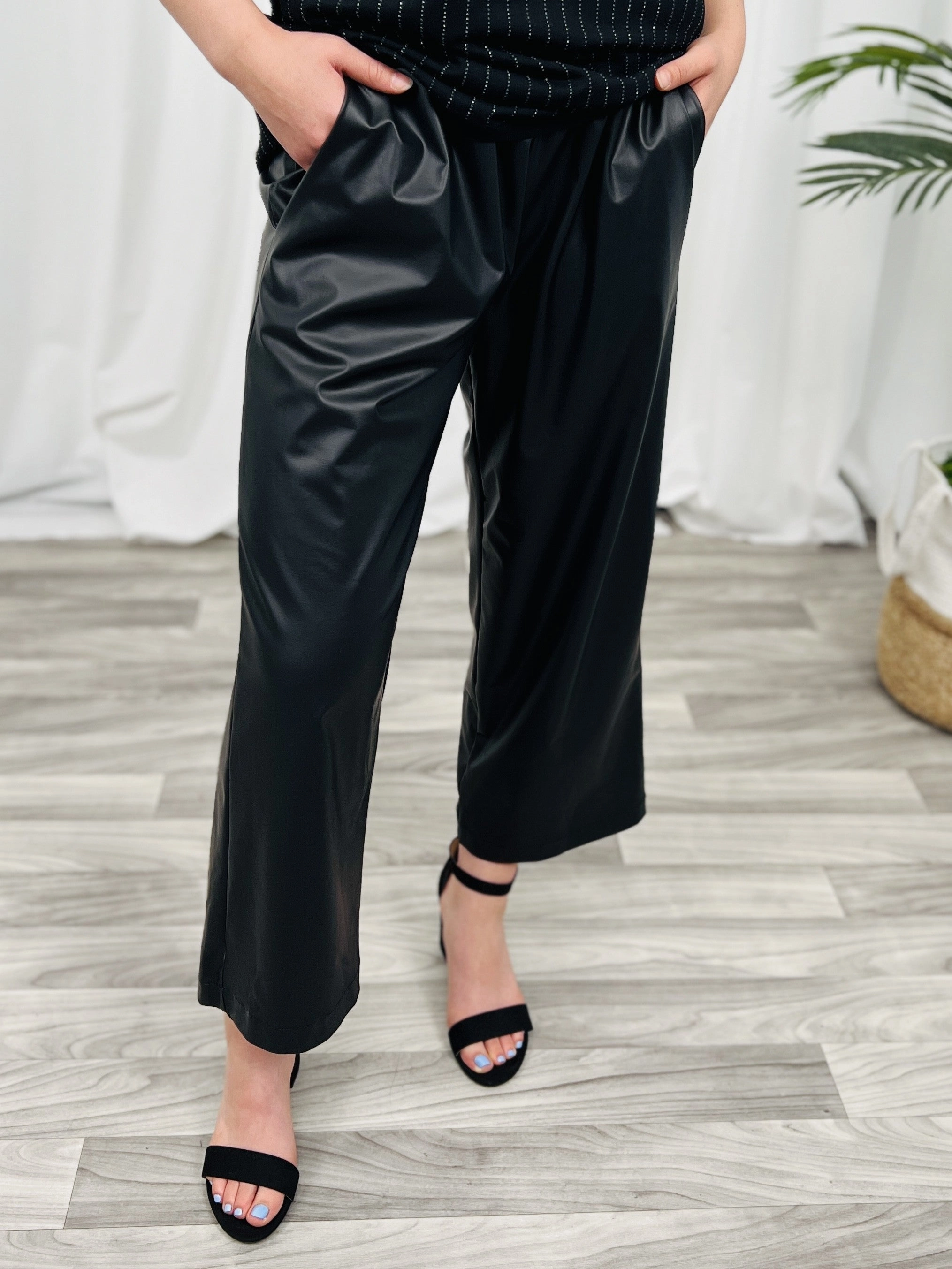Faux Leather Capri Pants with Elastic Waist