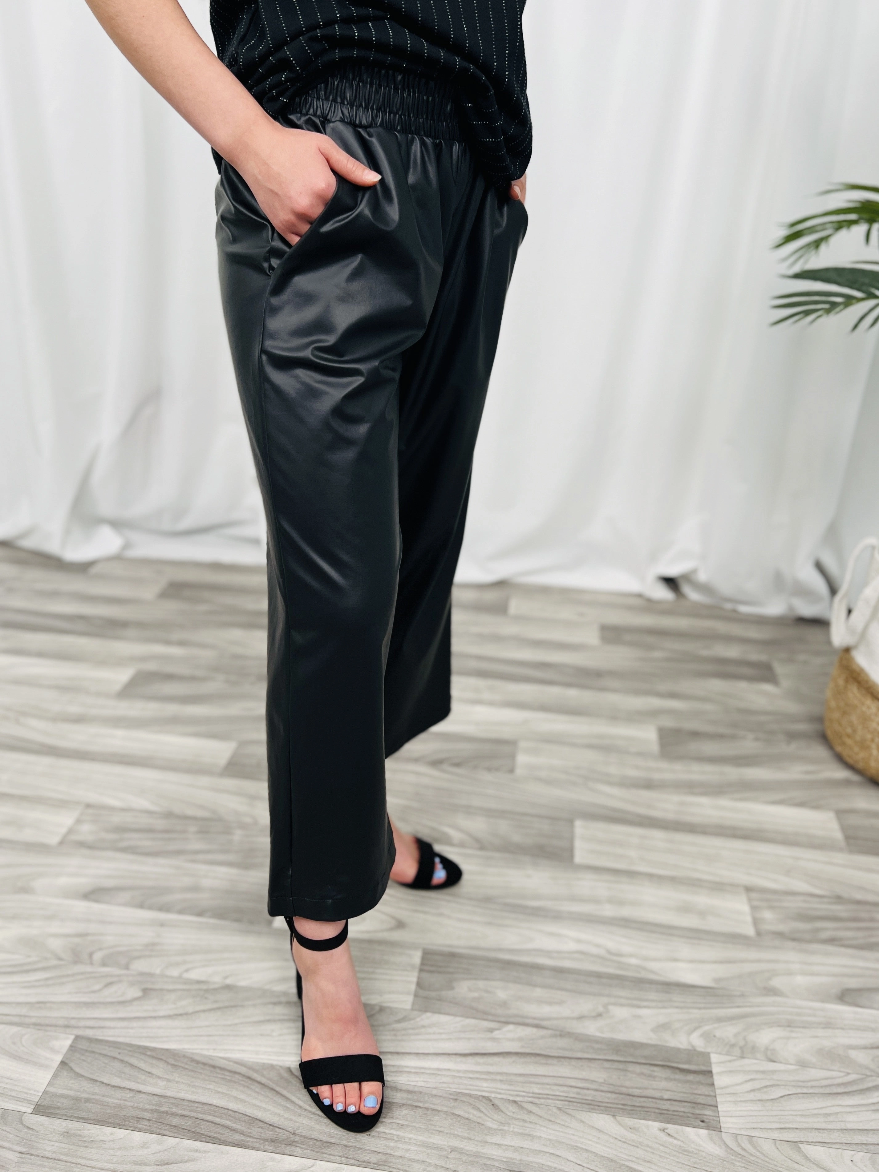 Faux Leather Capri Pants with Elastic Waist