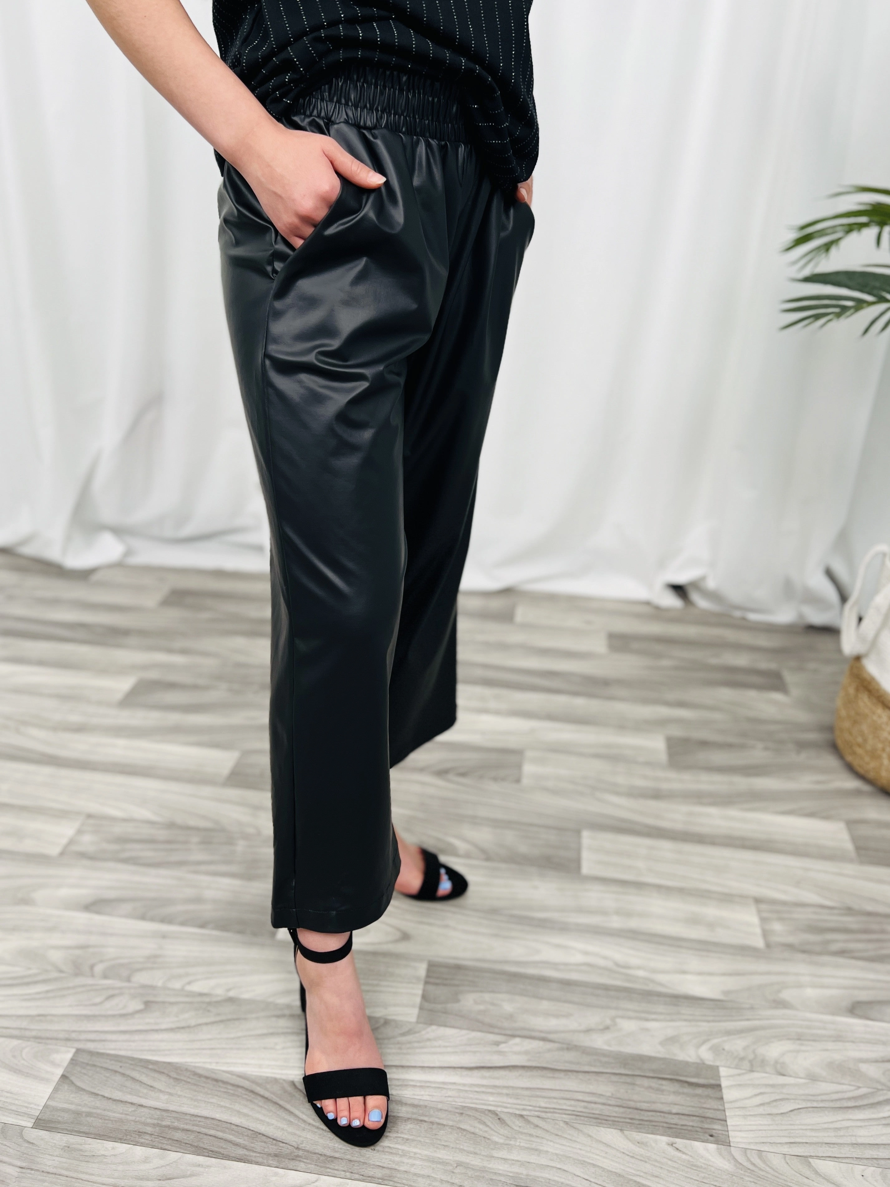 Faux Leather Capri Pants with Elastic Waist