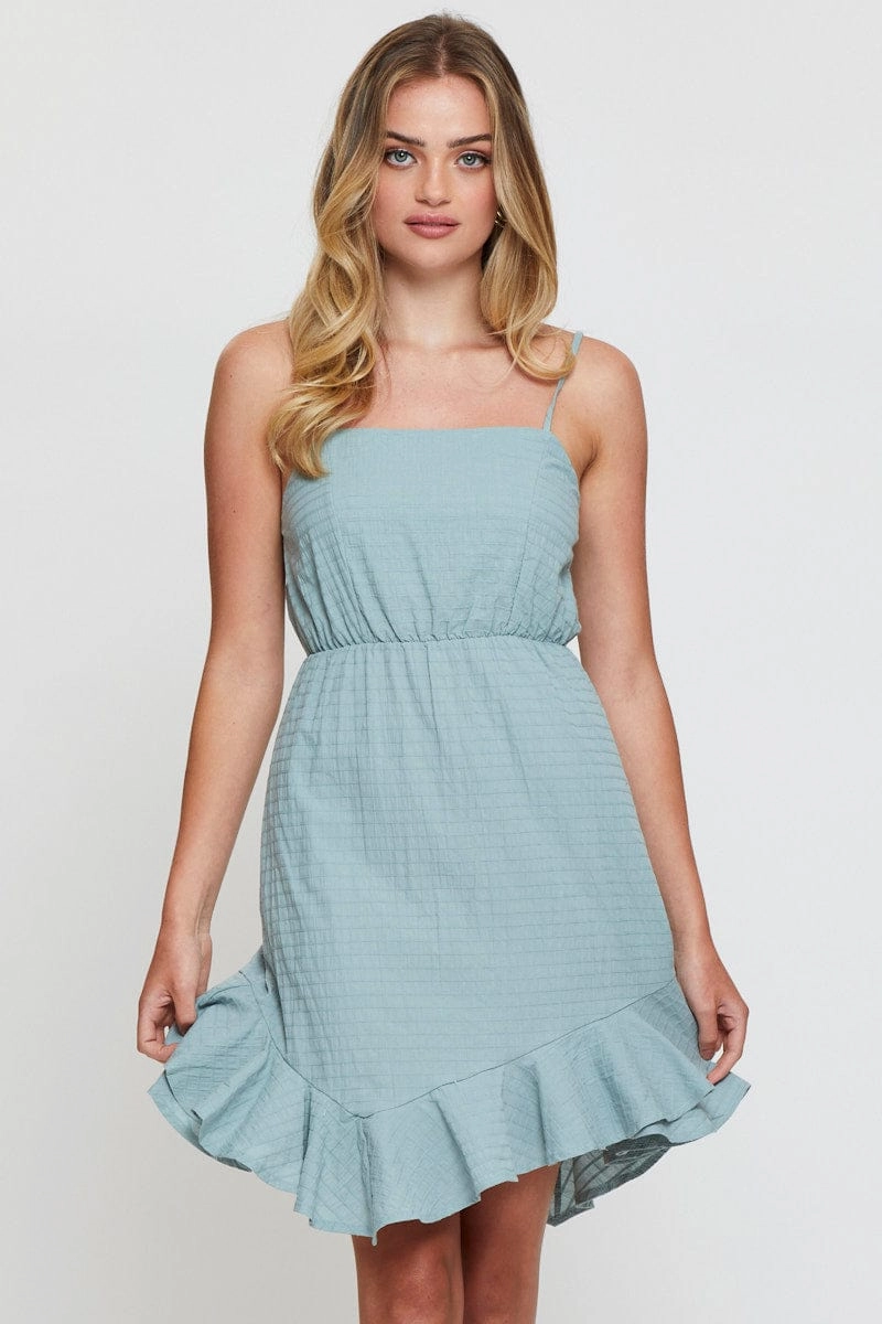 Green Mini Dress Sleeveless Square Neck