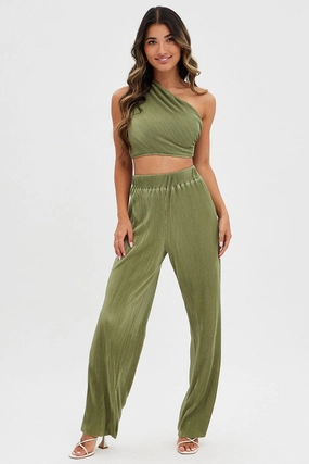 Green Plisse Pants Wide Leg