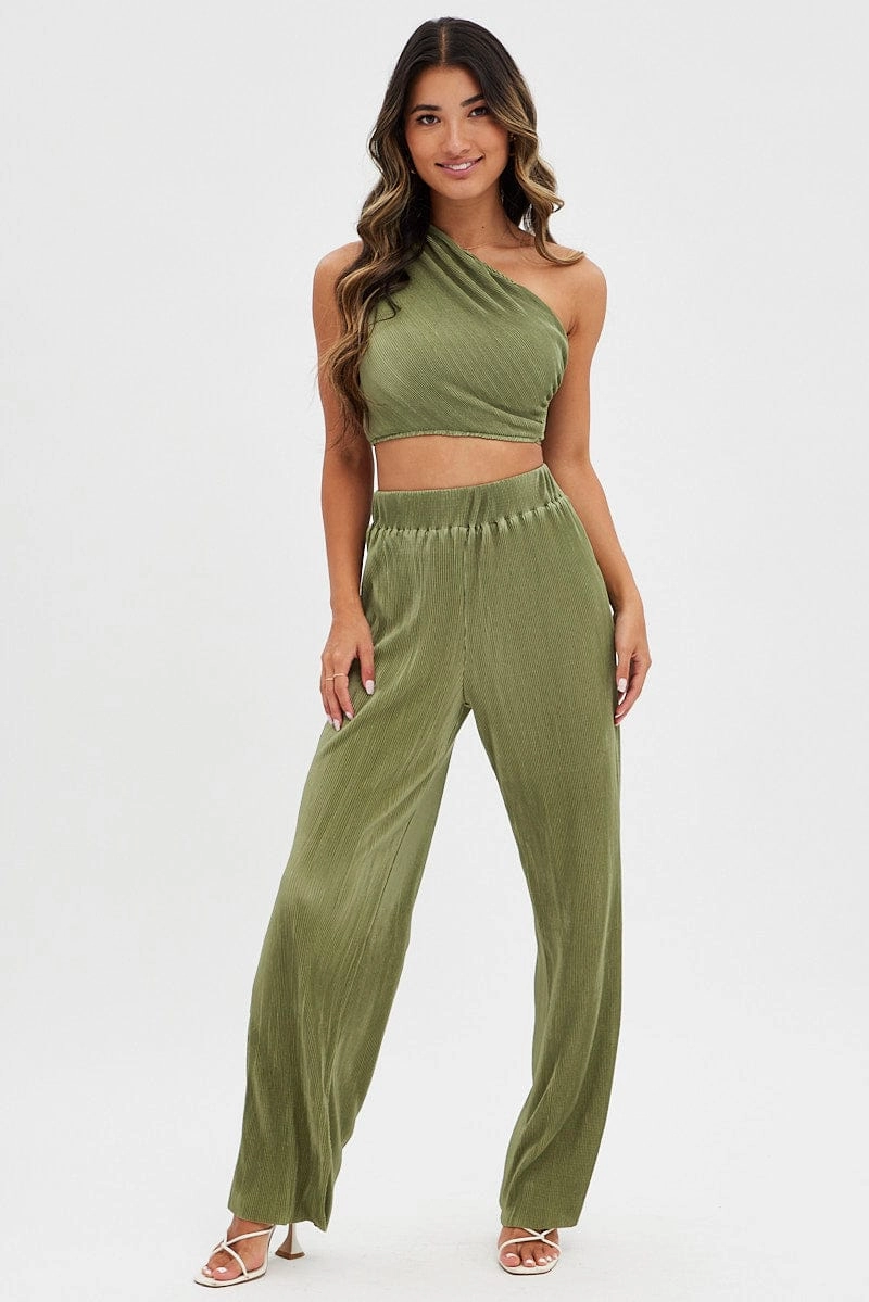 Green Plisse Pants Wide Leg