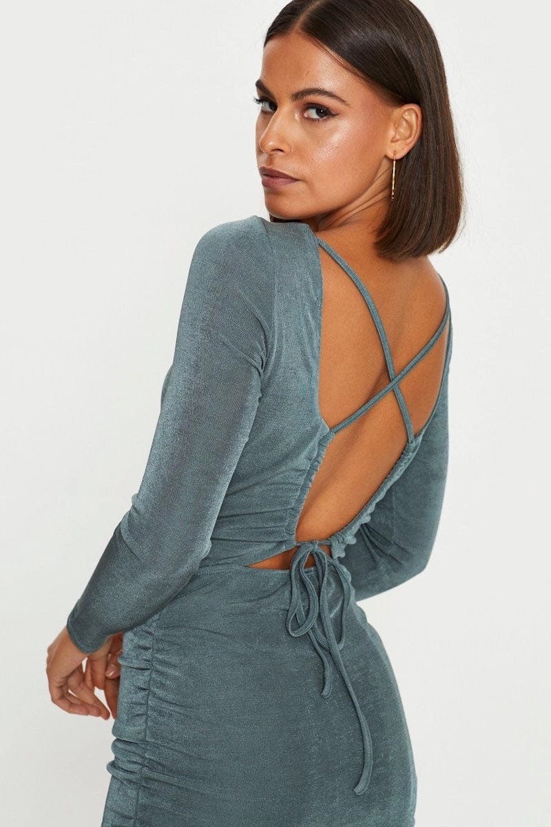 Green Strappy Tie Back Slinky Jersey Ruched Bodycon Dres