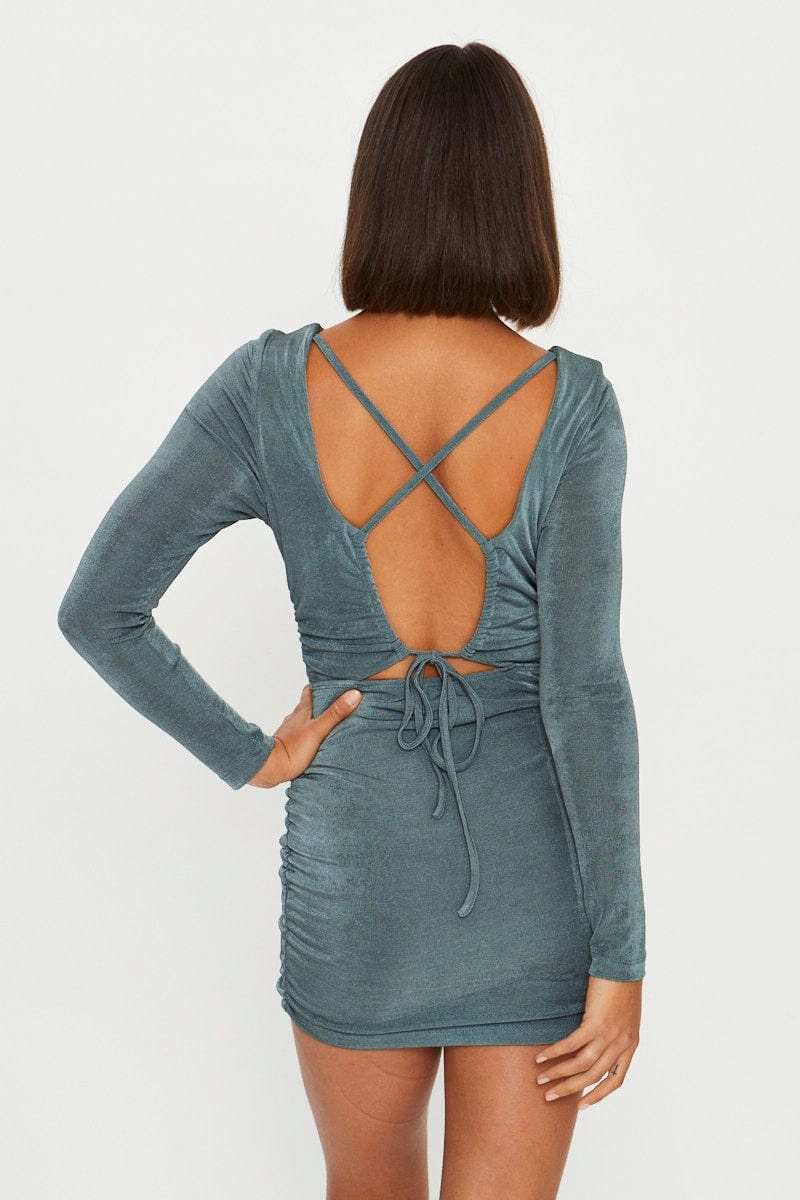 Green Strappy Tie Back Slinky Jersey Ruched Bodycon Dres