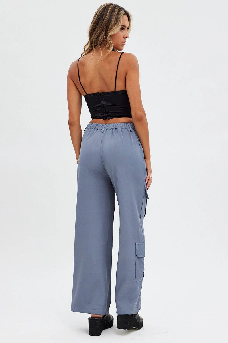 Grey Wide Leg Pants Cargo Pockets