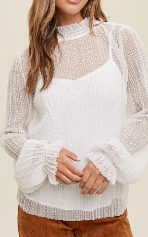 Ivory Lace Mock Neck Balloon Sleeve Top - Final Sale
