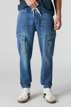 Jogger cargo en denim à taille coulissante