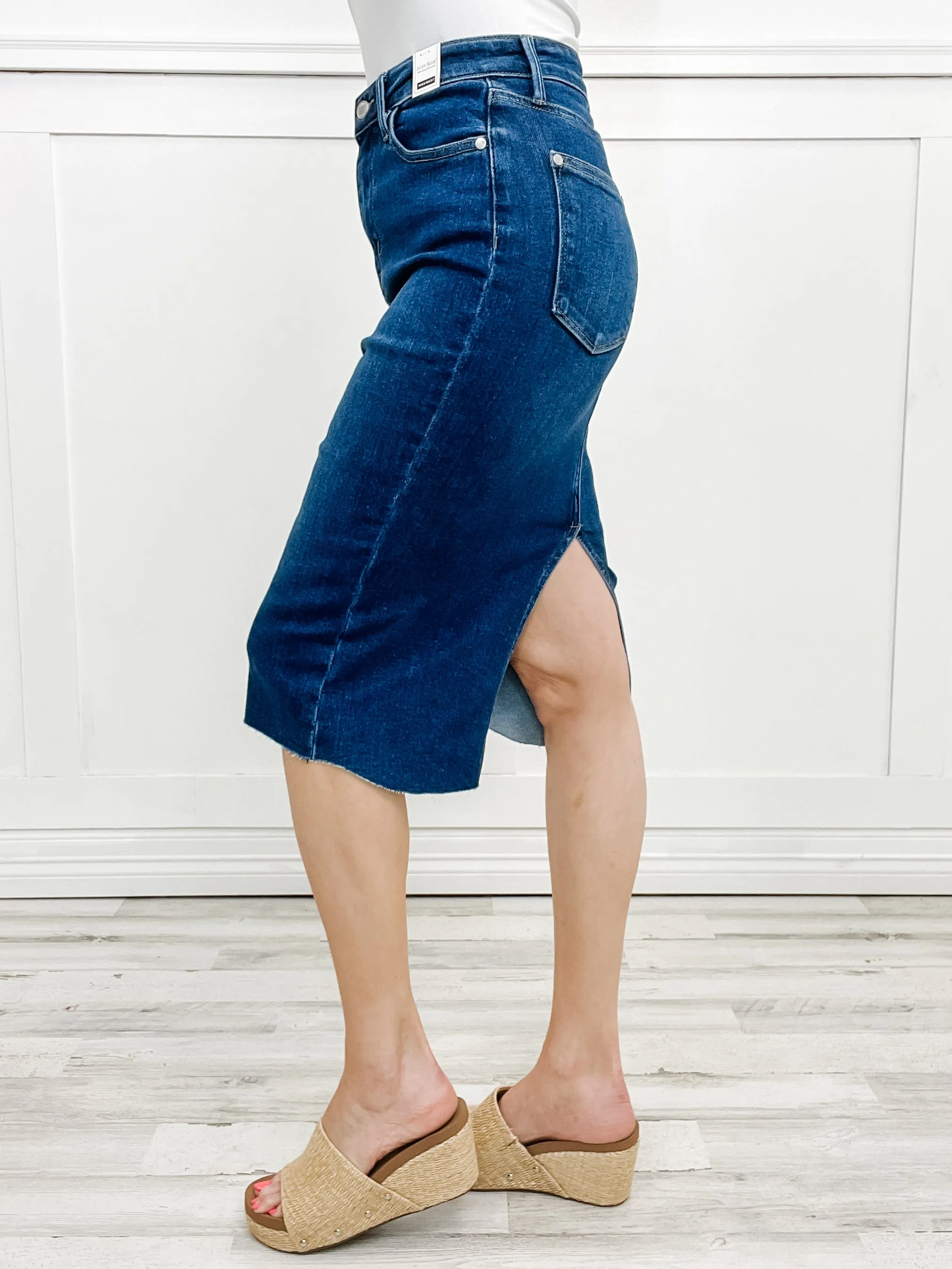 Judy Blue Hi-Rise Back Slit Hem Mid Length Skirt