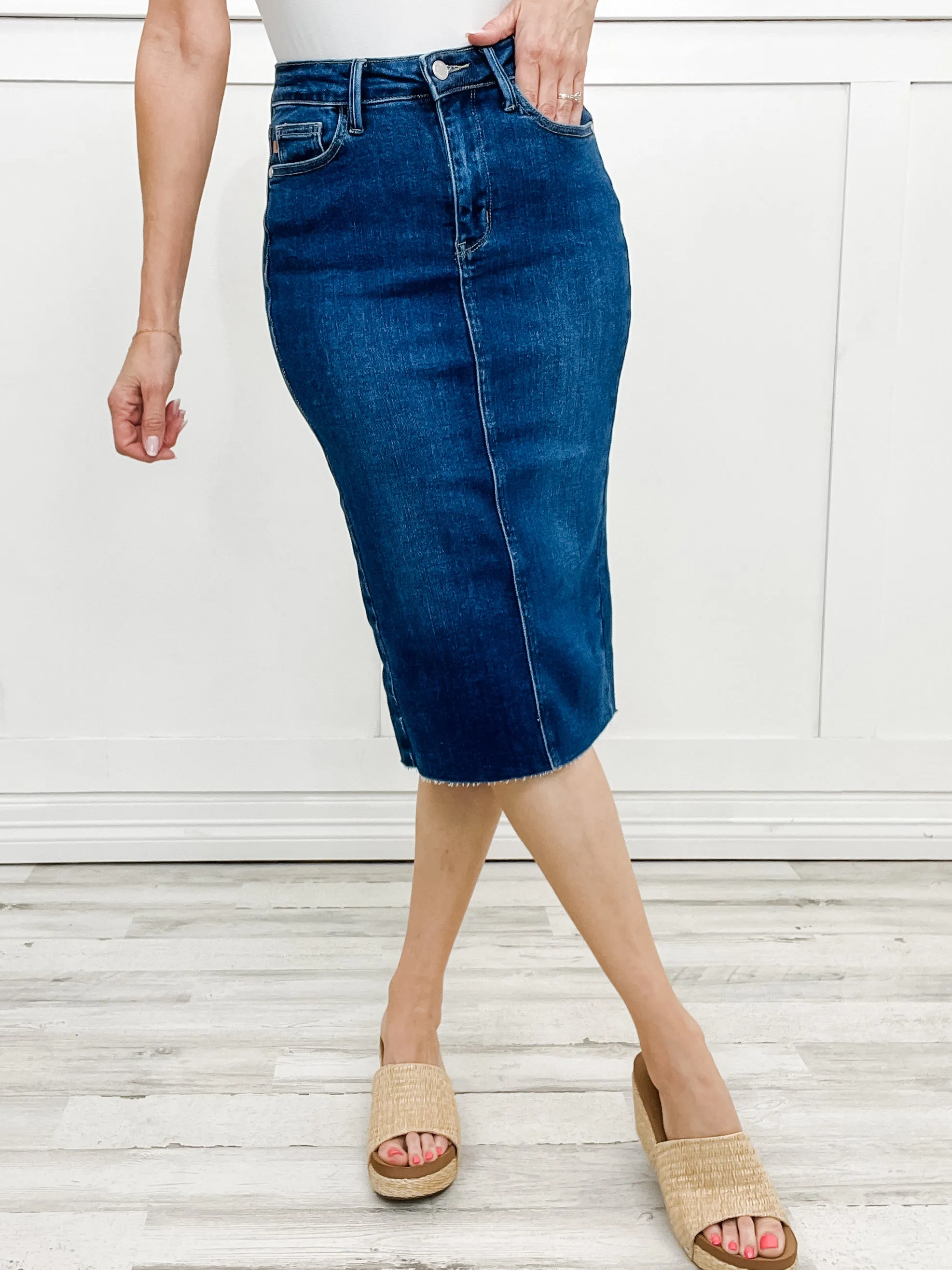 Judy Blue Hi-Rise Back Slit Hem Mid Length Skirt