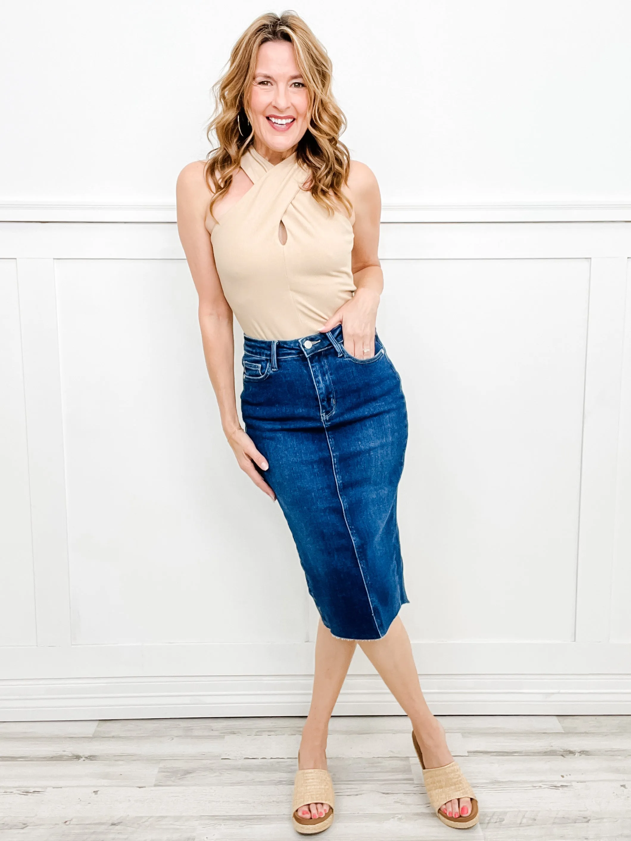 Judy Blue Hi-Rise Back Slit Hem Mid Length Skirt