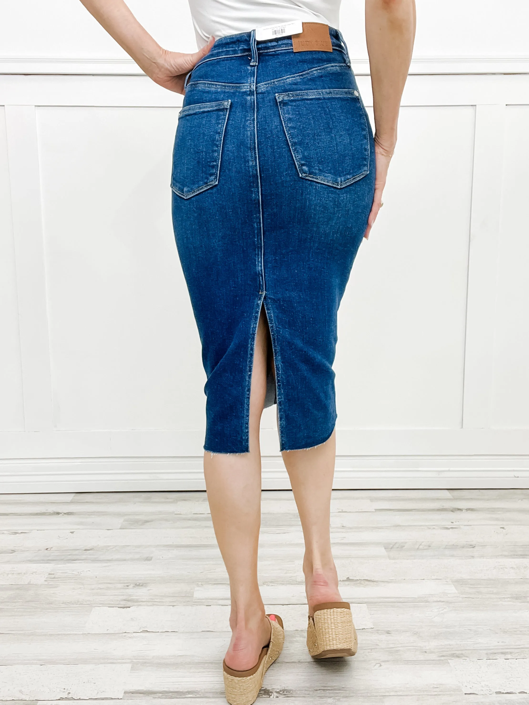 Judy Blue Hi-Rise Back Slit Hem Mid Length Skirt