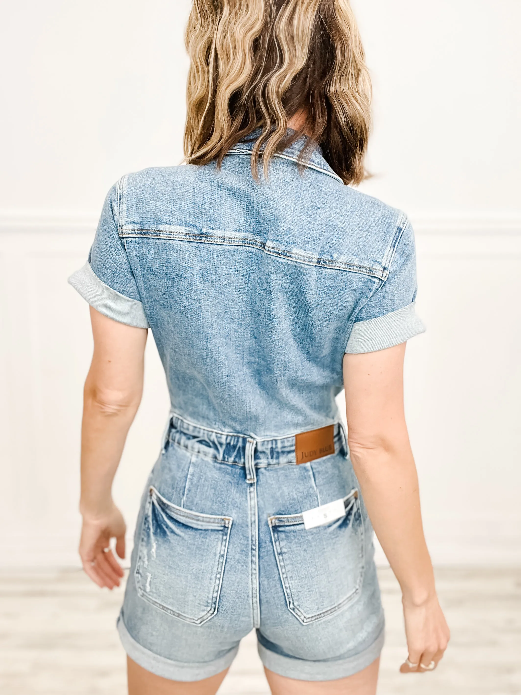 Judy Blue JOLENE High Waisted Short Sleeve Denim Shorts Romper