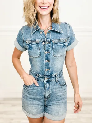 Judy Blue JOLENE High Waisted Short Sleeve Denim Shorts Romper