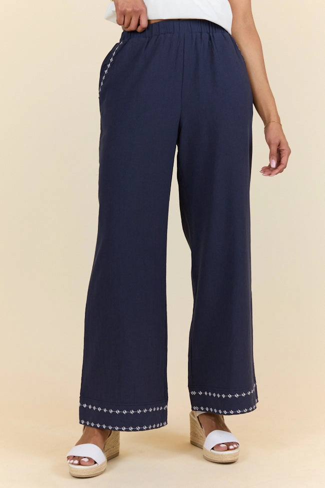 Just Feels Right Navy Embroidered Pants