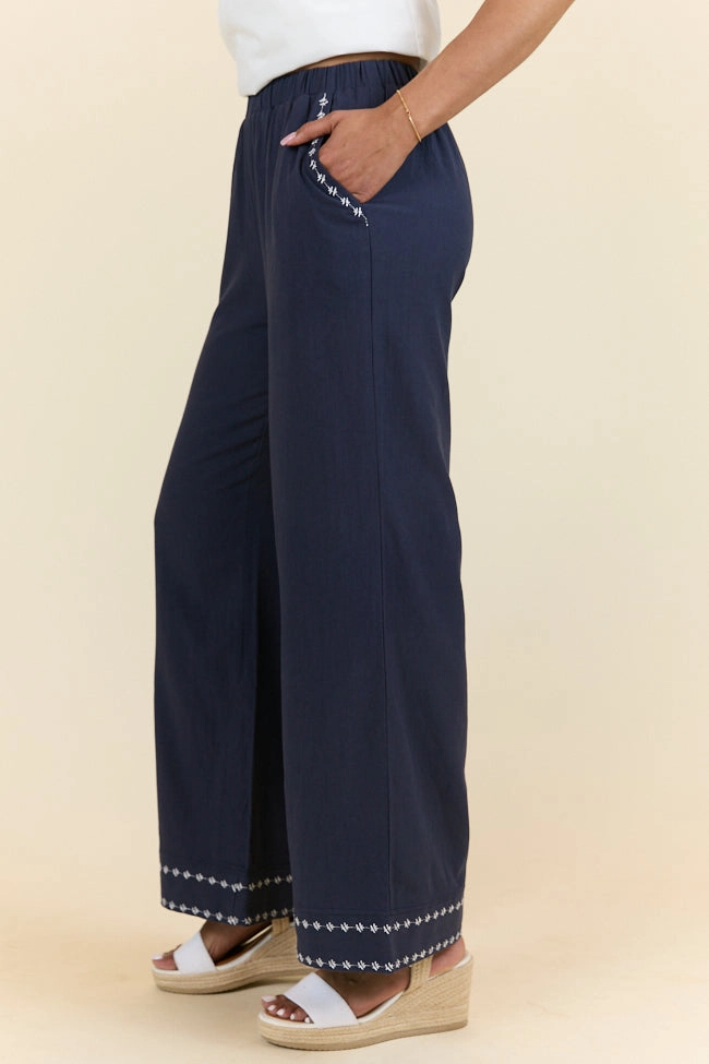 Just Feels Right Navy Embroidered Pants