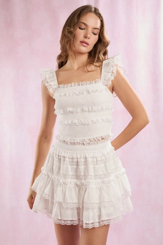 Lace Trim With Ruffle Detail Solid Mini Skirt