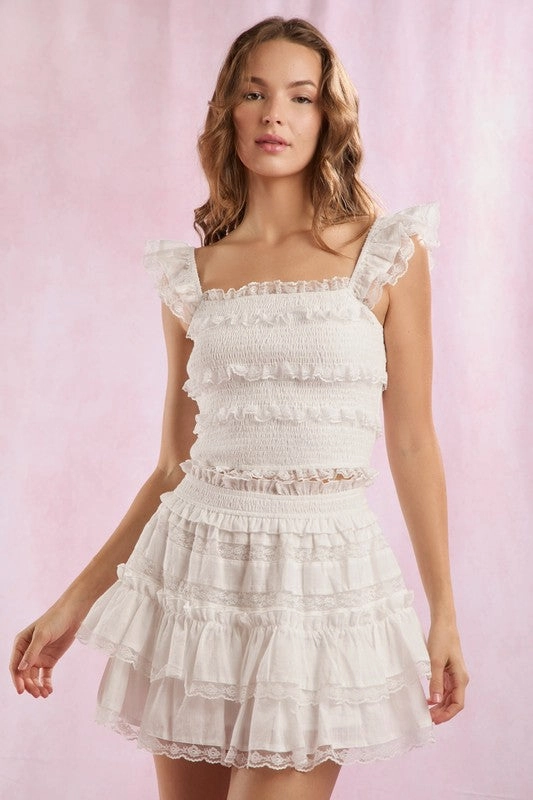 Lace Trim With Ruffle Detail Solid Mini Skirt