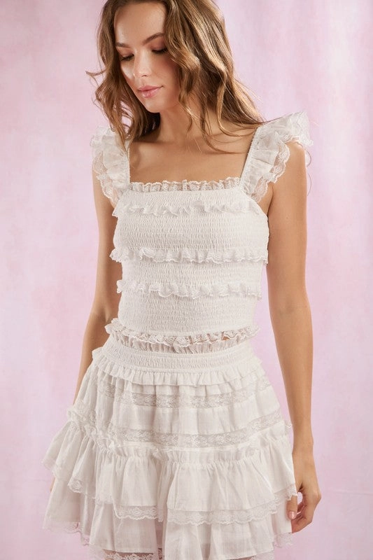 Lace Trim With Ruffle Detail Solid Mini Skirt