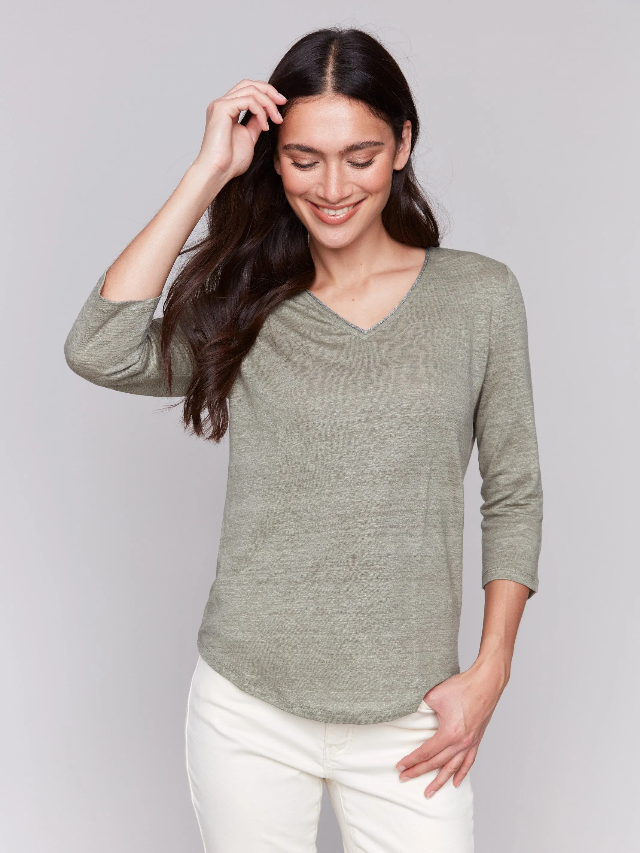 Linen Blend V-Neck Top - Celadon