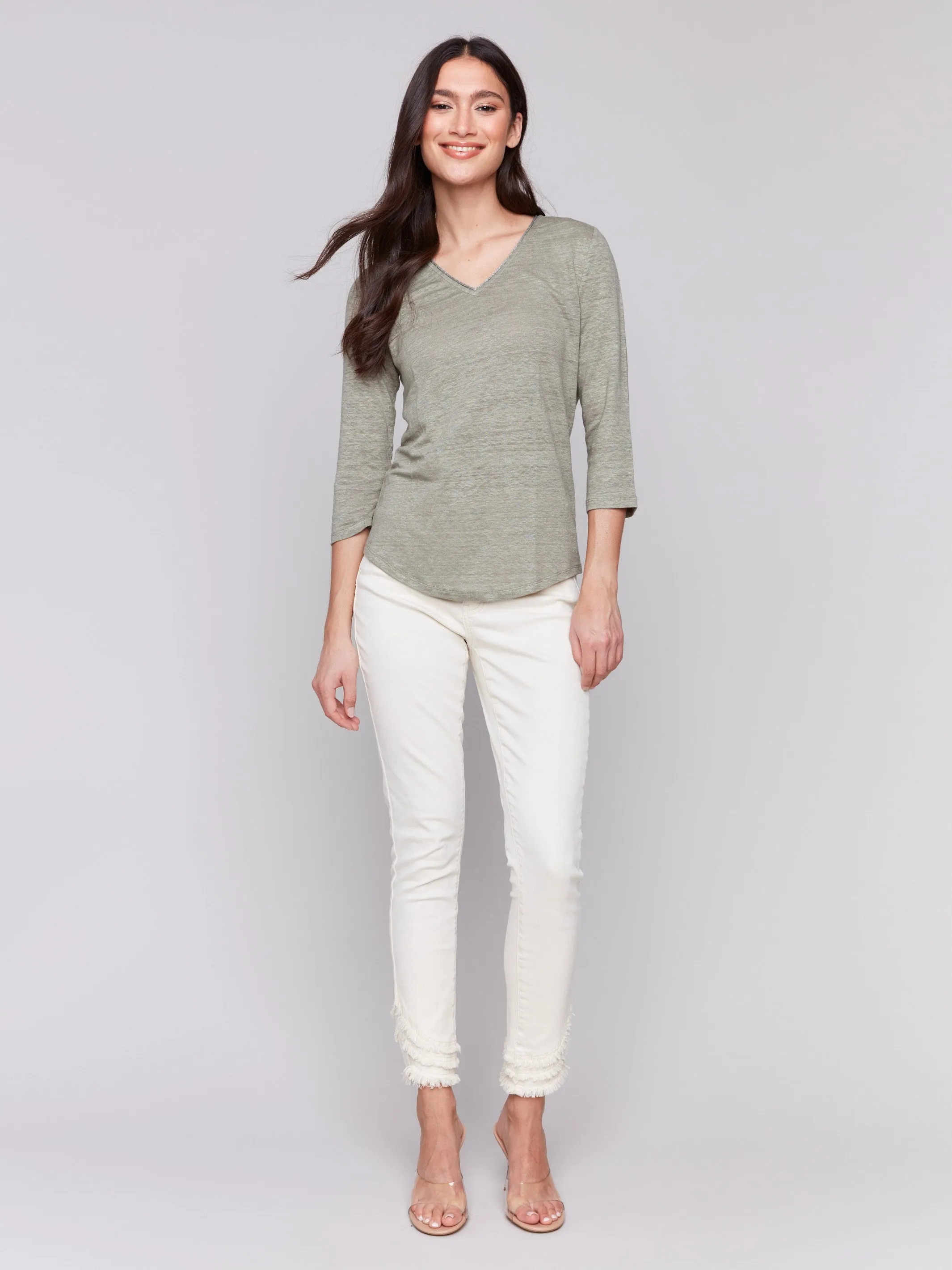 Linen Blend V-Neck Top - Celadon