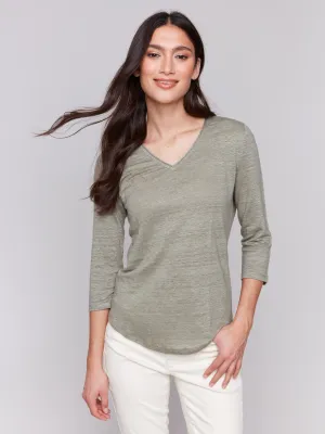 Linen Blend V-Neck Top - Celadon