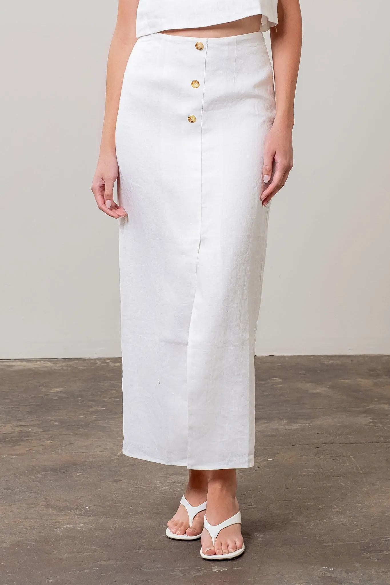 LINEN FRONT BUTTON MIDI SKIRT