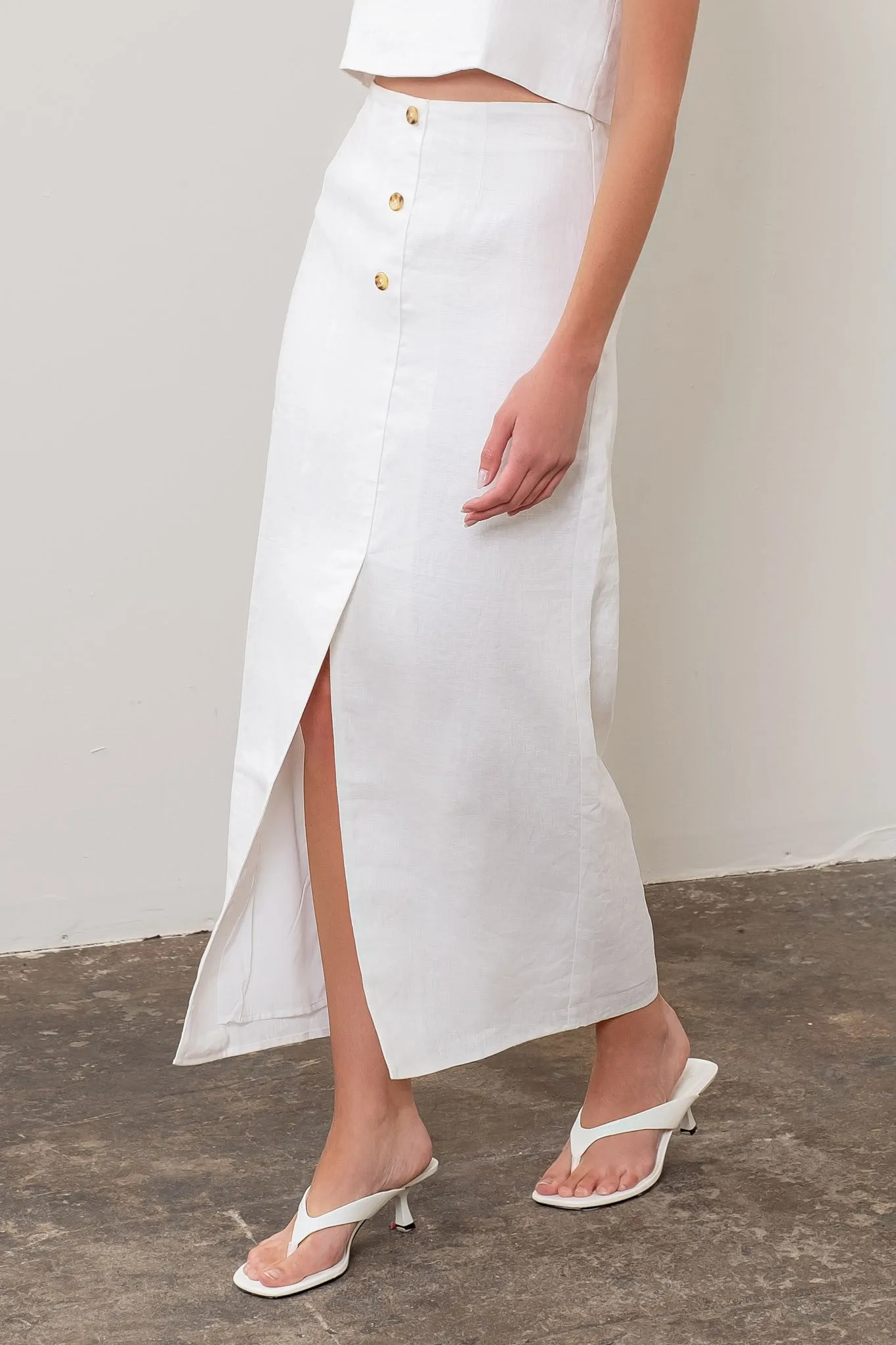 LINEN FRONT BUTTON MIDI SKIRT